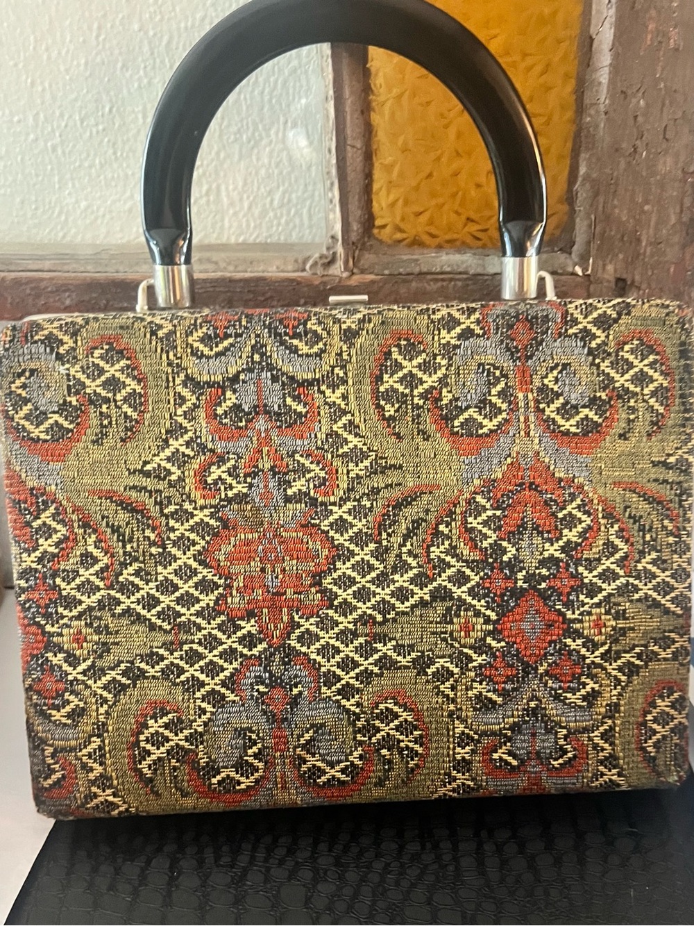 Vintage Dover Tapestry Top-Handle Satchel in Olive and Rust